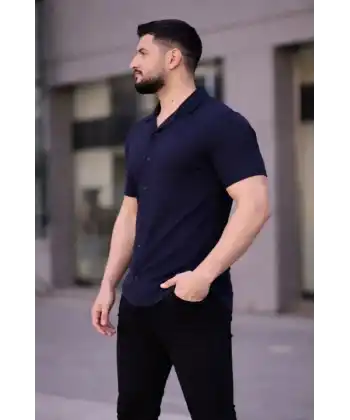Erkek Waffle Kumaş Kısa Kollu Düğmeli Açık Yaka Regular Fit Gömlek - Lacivert