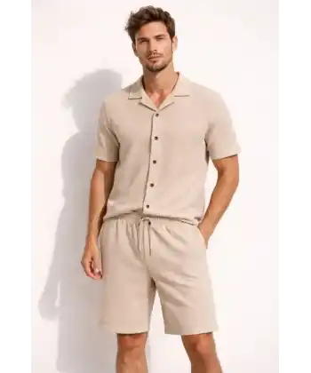 Erkek Waffle Kumaş Kısa Kollu Gömlek Şort Takım Regular Fit Yazlık İkili Set - Bej