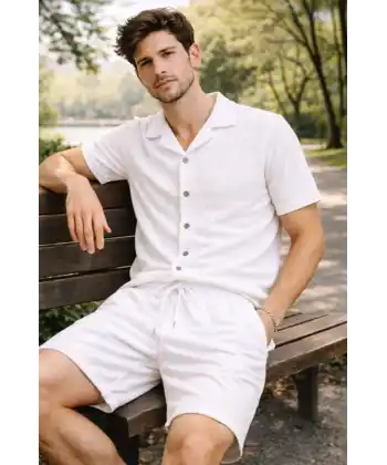 Erkek Waffle Kumaş Kısa Kollu Gömlek Şort Takım Regular Fit Yazlık İkili Set - Beyaz