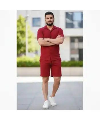 Erkek Waffle Kumaş Kısa Kollu Gömlek Şort Takım Regular Fit Yazlık İkili Set - Bordo
