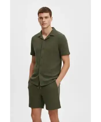 Erkek Waffle Kumaş Kısa Kollu Gömlek Şort Takım Regular Fit Yazlık İkili Set - Haki