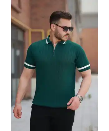 Erkek Yaka Ve Kolları çizgi Detaylı Fermuarlı Kısa Kollu T-shirt