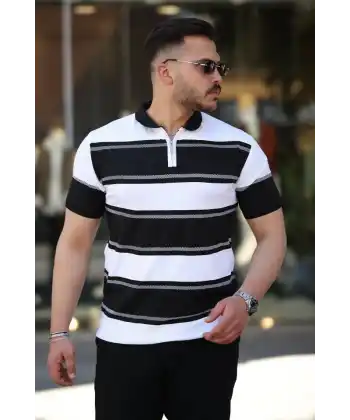 Erkek Yakalı Fermuarlı çift Renk Kısa Kollu T-shirt