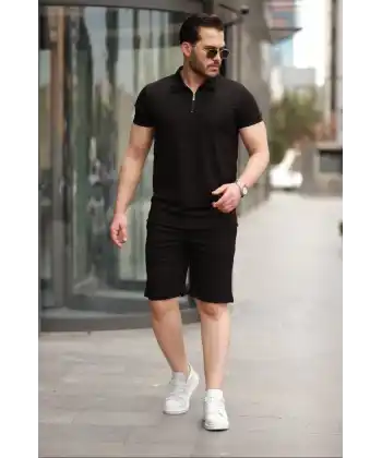 Erkek Yakalı Fermuarlı T-shirt şort Ikili Takım
