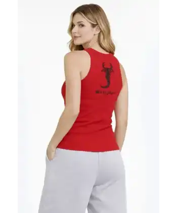 Fitilli Atlet Sıfır Yaka Slim Fit Arka Baskılı Spor Atlet - Kırmızı