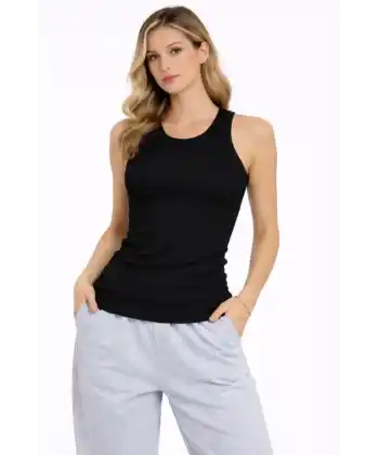 Fitilli Atlet Sıfır Yaka Slim Fit Arka Baskılı Spor Atlet - Siyah