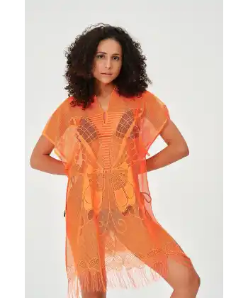 Freshness Kadın Dantelli Kelebek Desen Ve Düz Püsküllü File Pareo