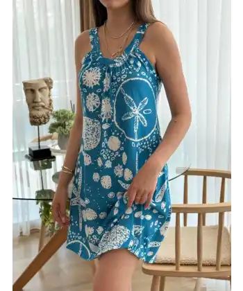 Kadın Askılı Deniz Yıldızı Desenli Süprem Elbise