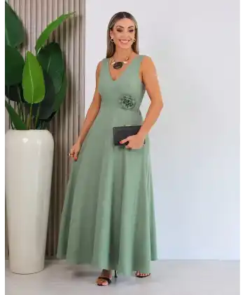 Kadın Askılı Derin V Yakalı Yırtmaçlı Uzun Elbise