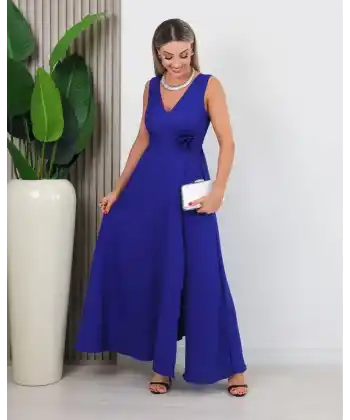 Kadın Askılı Derin V Yakalı Yırtmaçlı Uzun Elbise