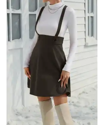 Kadın Askılı Düğmeli Mini Süet Elbise