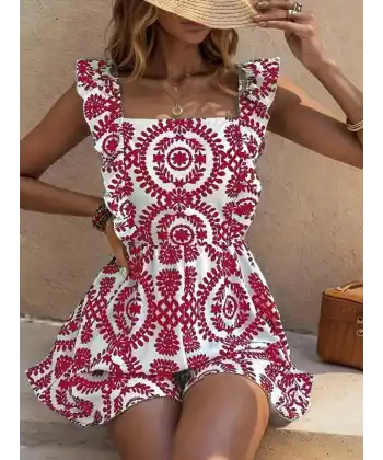 Kadın Askılı Kare Yakalı Arkadan Bağcıklı Desenli Keten Tulum