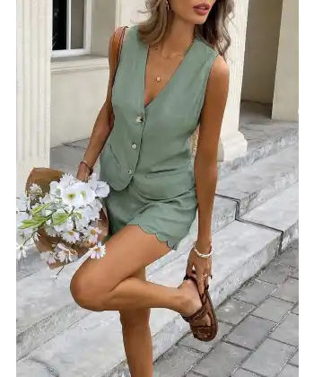 Kadın Askılı V Yakalı önden Düğmelı Bluz Ve Short Ikli Takım