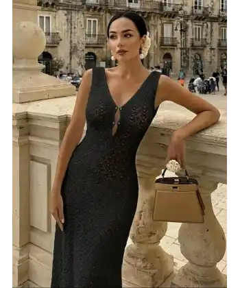 Kadın Askılı V Yakalı Uzun Triko Elbise