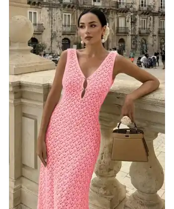 Kadın Askılı V Yakalı Uzun Triko Elbise