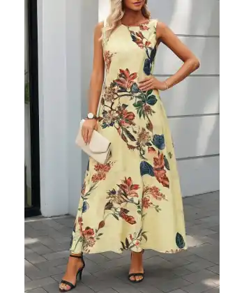 Kadın Askılı Yuvarlak Yaka Cepli Desenli Süprem Elbise