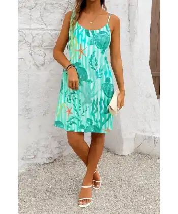 Kadın Askılı Yuvarlak Yaka Kaplumbağa Desenli Süprem Elbise