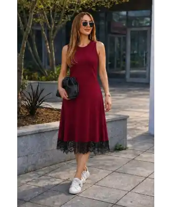 Kadın Askılı Yuvarlak Yakalı Etek Ucu Dantelli Midi Elbise
