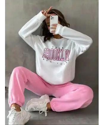 Kadın Bisiklet Yaka Brooklyn Baskılı üç Iplik Kumaş Sweat