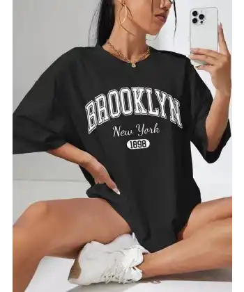 Kadın Brooklyn New York Baskılı Oversize Tshirt