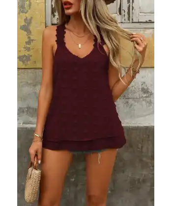 Kadın Dantel Askılı V Yakalı Sırtı çapraz Detaylı Ponpon Bluz