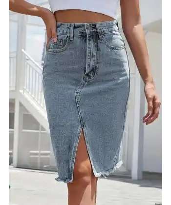 Kadın Elastik Bel Yırtık Kenar Detaylı Kot Etek