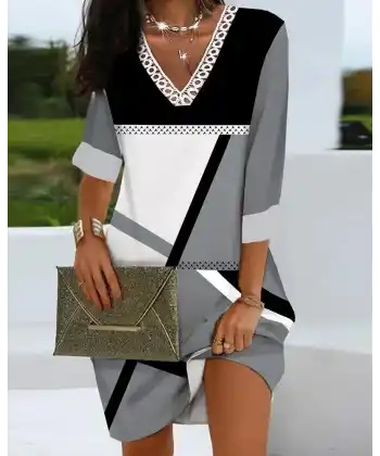 Kadın Fakir Kollu V Dantel Yaka Geometrik Desenli Dalgıç Elbise