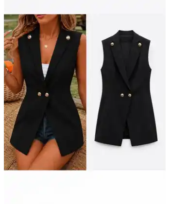 Kadın Gold Düğmeli Blazer Yaka Ceket