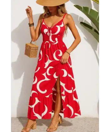 Kadın Ip Askılı Dekolteli Bağcıklı Yırtmaçlı Desenli Süprem Elbise