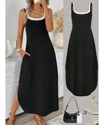 Kadın Ip Askılı Yuvarlak Yakalı Cepli Uzun Viskon Elbise