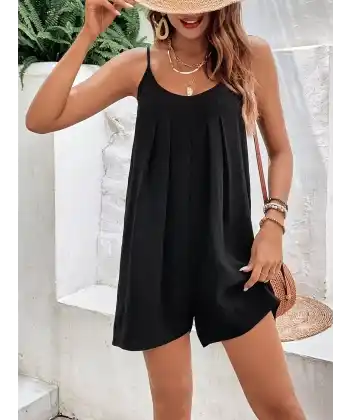 Kadın Ip Askılı Yuvarlak Yakalı Pileli Kısa Arobin Tulum