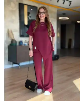 Kadın Kısa Kollu Bisiklet Yaka Asimetrik Viskon Iki Iplik Bluz Ve Pantolon Ikili Takım