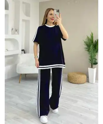 Kadın Kısa Kollu Bisiklet Yaka çift Renk şerit Detaylı Viskon Iki Iplik Bluz Ve Pantolon Ikili Takım