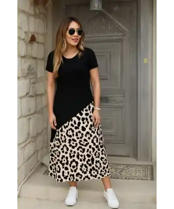 Kadın Kısa Kollu Bisiklet Yaka Leopar Detaylı Midi üst Viskon Alt Süprem Elbise