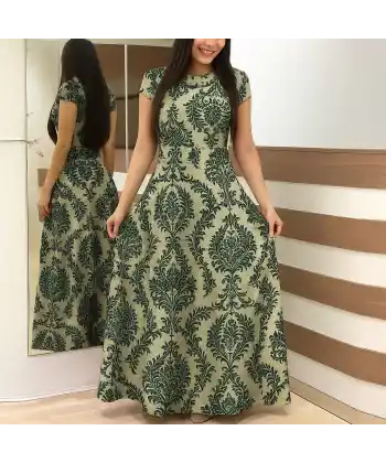 Kadın Kısa Kollu Bisiklet Yaka Puantiyeli Maksi örme Krep Elbise