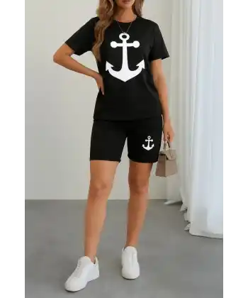 Kadın Kısa Kollu çapa Baskılı Viskon Ikili Takım