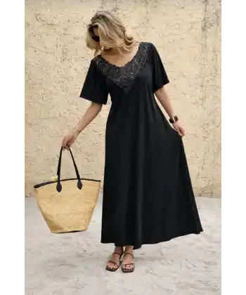Kadın Kısa Kollu Dantel Güpür Detay V Yaka Maxi Boy Elbise