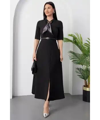 Kadın Kısa Kollu Fular Ve Kemer Detay önden Yırtmaçlı Maxi Boy Elbise