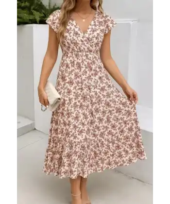 Kadın Kısa Kollu Kruvaze Yaka Beli Lastikli çiçek Desenli Elbise
