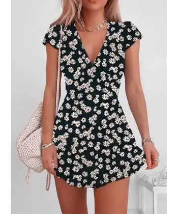 Kadın Kısa Kollu Kruvaze Yaka Papatya Baskılı Krep Elbise