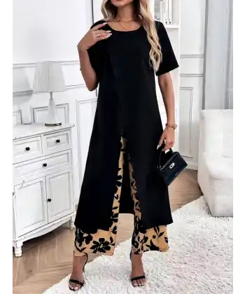 Kadın Kısa Kollu önden çapraz Detaylı Viskon Uzun Bluz Ve Desenli Iki Iplik Pantolon Ikili Takım