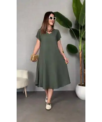 Kadın Kısa Kollu V Yaka Salaş Maxi Boy Elbise