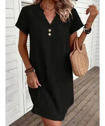Kadın Kısa Kollu V Yakalı Düğmeli Müslim Kısa Elbise