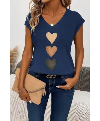 Kadın Kısa Kollu V Yakalı Kalp Desen Viskon Bluz