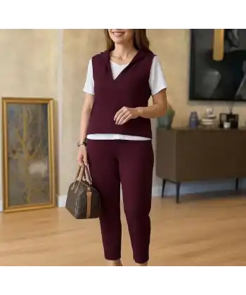 Kadın Kısa Kollu V Yakalı Kapşonlu Viskon Iki Iplik Bluz Ve Pantolon Takım