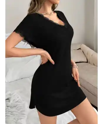 Kadın Kısa Kollu V Yakalı Kısa Viskon Gecelik