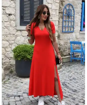 Kadın Kısa Kollu V Yakalı Maksi Boy Viskon Elbise