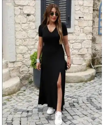 Kadın Kısa Kollu V Yakalı Maksi Boy Viskon Elbise