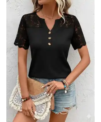 Kadın Kısa Kollu V Yakalı önden Düğmeli Dantel Detaylı Waffle Bluz