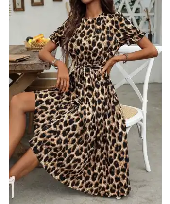 Kadın Kısa Kollu Yakalı Belden Kuşaklı Leopar Desenli Midi Süprem Elbise